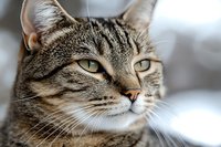 Close up portrait of tabby cat with green eyes and striped fur pattern against soft blurred background, showing feline expression and whiskers.