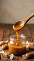 Golden caramel sauce dripping from wooden spoon into glass jar surrounded by wrapped candies on rustic wood table for dessert and confectionery recipes.