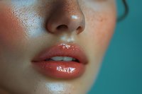 Close-up macro shot of glossy coral lips and nose against turquoise background, showing dewy skin texture and natural facial features in beauty photography.