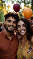 Young diverse couple enjoying outdoor celebration with colorful balloons in background during golden hour sunset, expressing genuine joy and connection at summer party.