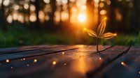 Young plant seedling growing on wooden surface at sunset with golden bokeh lights and sun rays creating magical atmosphere in nature background.