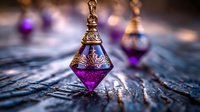 Ornate bronze pendant with purple liquid inside on textured surface with magical bokeh lighting effect creates mystical oriental atmosphere.