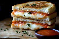 Grilled cheese sandwich with melted mozzarella, tomato sauce, and fresh herbs on toasted white bread, served with marinara dipping sauce on rustic paper.
