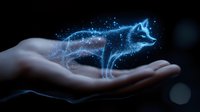 Mystical glowing blue wolf constellation hovers above open palm, sparkling with stars and ethereal energy trails against dark background. For fantasy and spiritual designs.