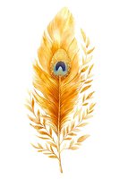 Golden peacock feather with ornate eye marking isolated on white background, ready for design projects, apparel printing, and decorative applications.