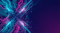Digital circuit board with glowing cyan and magenta pathways on dark purple background for technology presentations and futuristic designs.
