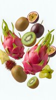 Exotic tropical fruits floating on white background including dragon fruit, kiwi, passion fruit and rambutan for healthy eating and nutrition concepts.