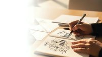 Business professional drawing strategic planning diagram with icons and flowchart on paper at wooden desk for corporate development and workflow optimization.