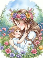 Tender mother with flower crown embracing young child surrounded by colorful blooms in watercolor style for Mother's Day greeting cards.