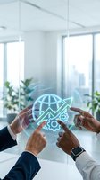 Business professionals protecting holographic global growth icons with hands in modern office environment for corporate strategy presentations.