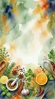 Culinary watercolor background with fresh herbs, spices, citrus, and kitchen tools arranged on white space for recipe design and food content.