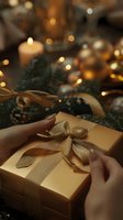 Female hands holding elegant gold gift box with ribbon against festive holiday background with pine branches, candles and bokeh lights.