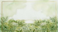 Watercolor botanical border with delicate green plants and foliage framing white central space, suitable for invitations, stationery, and design backgrounds.