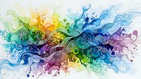 Vibrant watercolor swirls and splashes create dynamic abstract composition with rainbow gradient colors flowing across white background for creative design.