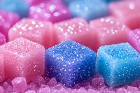 Pink and blue sugar cubes with glitter sparkle effect in macro photography, sweet crystallized decoration on pink sugar background.