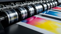 Professional printing press rollers and colorful CMYK print samples on black surface showing offset printing process in commercial typography production line.