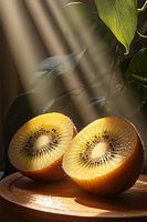 Fresh halved golden kiwi fruit on wooden surface with green leaves and natural sunlight creating dramatic shadows and highlighting juicy texture.