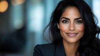 Professional Hispanic businesswoman with dark wavy hair smiling confidently in modern office environment with soft bokeh background lighting.