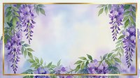 Watercolor wisteria floral frame with purple blooms and green leaves on soft blue background, golden border, copy space for text.