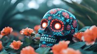 Decorative sugar skull with glowing red eyes among coral roses in garden setting. Traditional Mexican folk art style calavera with turquoise floral patterns and ornate details.