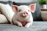 Adorable pink piglet with large ears and snout lying comfortably on gray couch, looking directly at camera with curious expression against blurred home interior background.