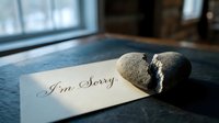 Broken heart-shaped stone beside a handwritten I'm Sorry note on a dark surface, symbolizing regret, apology, and emotional healing in relationships.