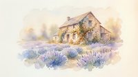 Watercolor painting of rustic stone cottage with ivy covered walls surrounded by blooming lavender fields in soft purple hues for home decor and wall art.