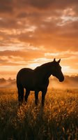 Horse silhouette standing in golden meadow at dramatic sunset with orange cloudy sky. Rural countryside scene for equestrian and nature themes.