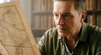 Middle-aged Caucasian male professional examining vintage map in library setting, wearing olive shirt, focused expression, bookshelves background, suitable for education, research, history, planning projects.