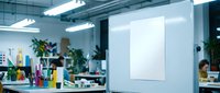 Blank white poster mockup on office wall in modern coworking space with desks, plants and fluorescent lighting for branding and advertising display.