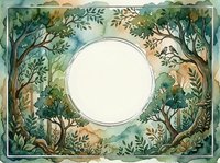 Watercolor forest frame with circular space for text, featuring lush green trees and foliage in natural earth tones for greeting cards and invitations.