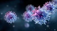 Microscopic view of virus cell structure in pink and blue colors on dark background with bokeh effect, scientific medical visualization for healthcare concepts.