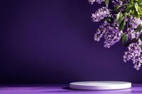 White round podium display with blooming lilac branches on deep purple background, elegant product presentation platform for luxury cosmetics.