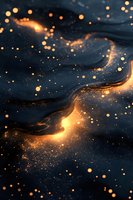 Glowing golden particles and light trails flow through dark liquid waves creating magical ethereal atmosphere. Abstract background for luxury designs.