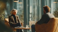 Senior woman and middle-aged man having conversation in modern office or therapy session with natural lighting and contemporary furniture.