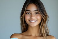 Young mixed race woman with highlighted brown hair and bright white smile against neutral gray background, natural beauty portrait with bare shoulders.
