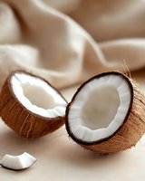 Fresh coconut halves with white flesh on beige background, close-up view showing texture and natural fibers. For food, cosmetic, and wellness projects.