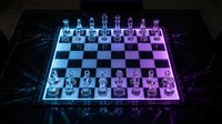 Glowing glass chess set on dark marble table with purple and blue neon light, strategy and competition concept for business and gaming design.