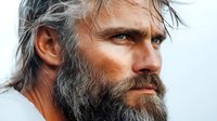 Side profile portrait of mature bearded man with intense gaze and gray hair against light background, dramatic lighting emphasizes facial features and expression.