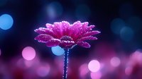 Vibrant pink gerbera daisy covered in morning dew drops against dark background with dreamy bokeh lights creating magical atmosphere for nature photography.