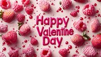 Pink raspberries and strawberries scattered around festive Valentine's Day greeting text on light pink background, creating romantic holiday composition.