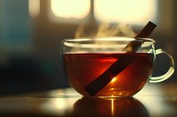 Clear glass cup of steaming hot tea with cinnamon stick against blurred window background in warm morning light, creating cozy atmosphere for food and beverage designs.