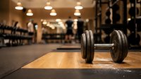 Single dumbbell weight on wooden floor in modern gym interior with equipment and warm lighting, fitness training facility.