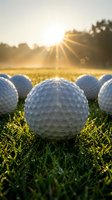 White golf balls lined up on grass field at sunrise with golden sunlight rays and trees in background, suitable for sports marketing and golf course promotions.
