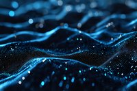 Abstract digital wave of glowing blue particles forming dynamic flowing surface with bokeh effect, representing technology and data visualization.