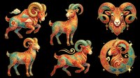 Ornate zodiac ram and goat figures with decorative swirls, isolated on transparent background. Ready for t-shirt design, clipart, stickers, sublimation, and print-on-demand projects.