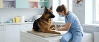 Female veterinarian in blue scrubs examining German Shepherd dog on examination table in modern clinic with white cabinetry and shelving.