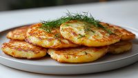 Golden crispy potato pancakes garnished with fresh dill herbs on white plate, traditional comfort food for breakfast lunch dinner cooking recipes.