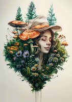 Young woman with closed eyes surrounded by forest mushrooms, wildflowers and pine trees in heart-shaped composition, artistic fantasy nature portrait.