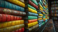 Colorful vintage books arranged on wooden shelves create diagonal perspective. Collection of antique leather-bound volumes in red, yellow, blue, and green spines forms library wall.